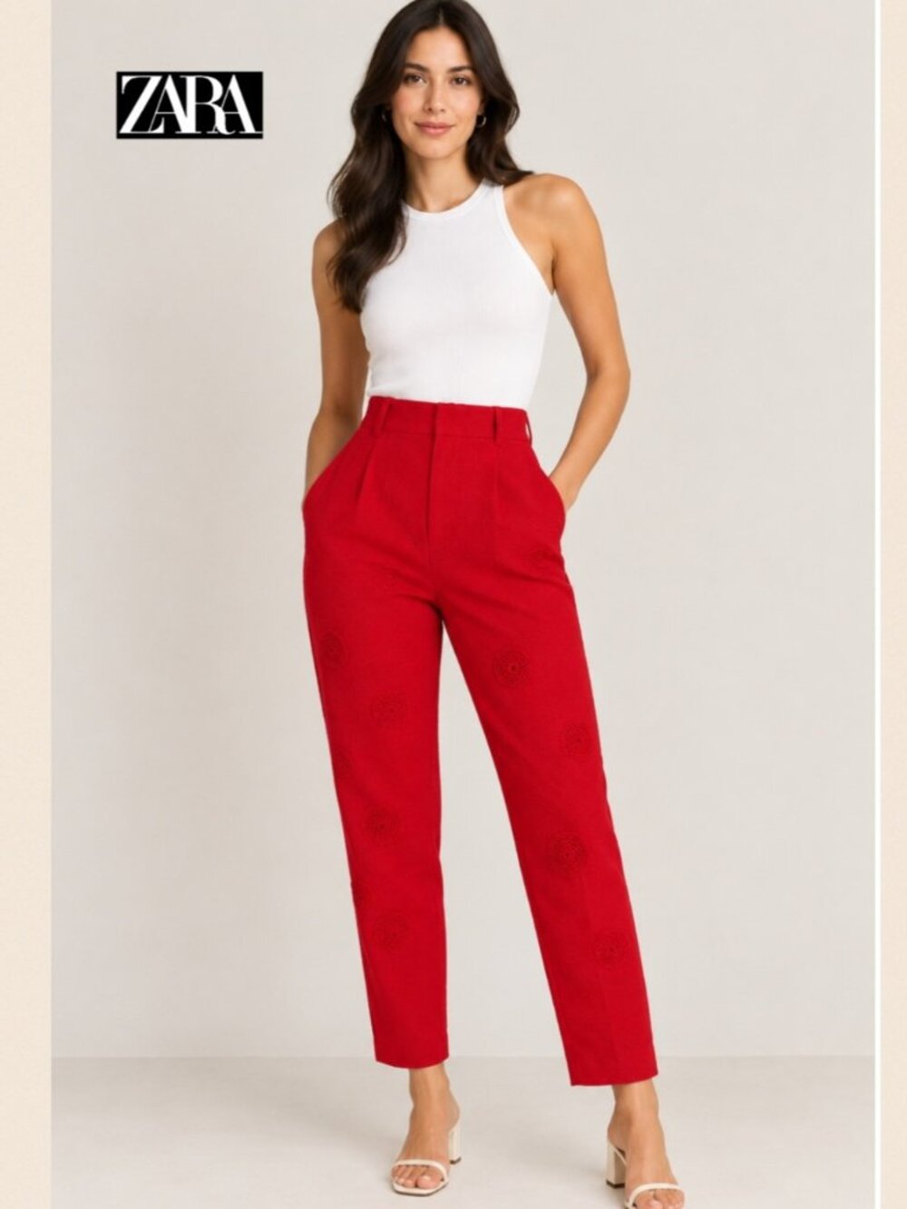Upcycled Woman Zara XS Red Pants Handmade Crochet Made In Spain